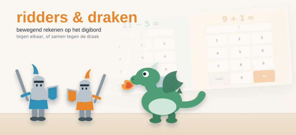 Ridders en draak uit het spel, met op de achtergrond het spelscherm met sommen en cijfertoetsenborden