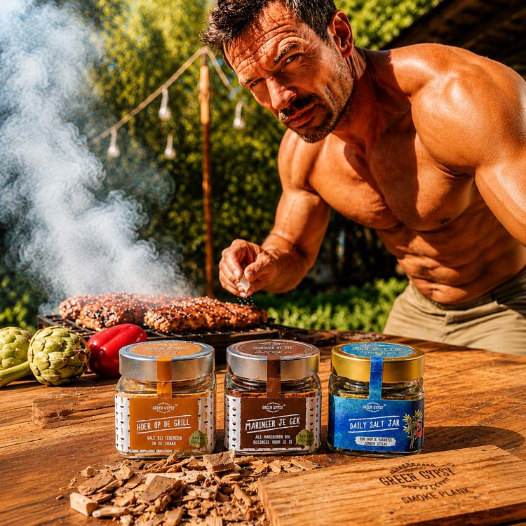 Vaderdag cadeau bbq: man grilt ribs en kruidt vlees, met Green Gypsy mixen Hoer op de Grill, Marineer je Gek en Daily Salt Jar, rookhout en rookplankje