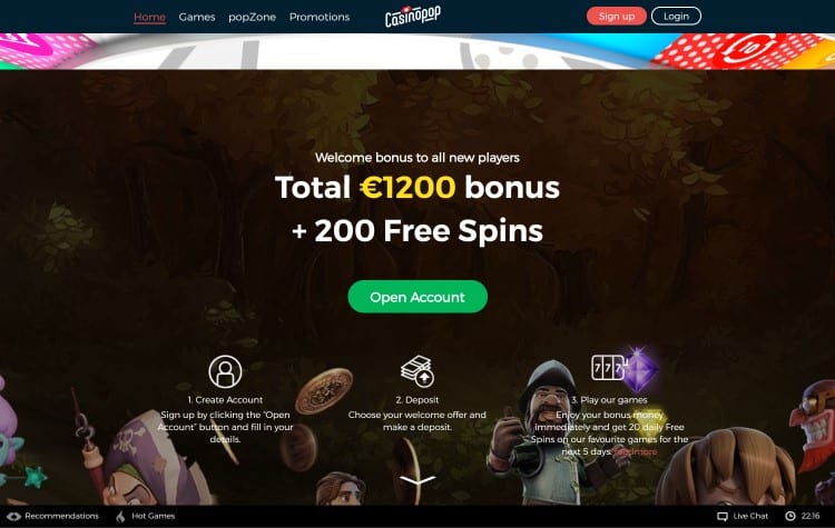 Screenshot van de website van CasinoPop