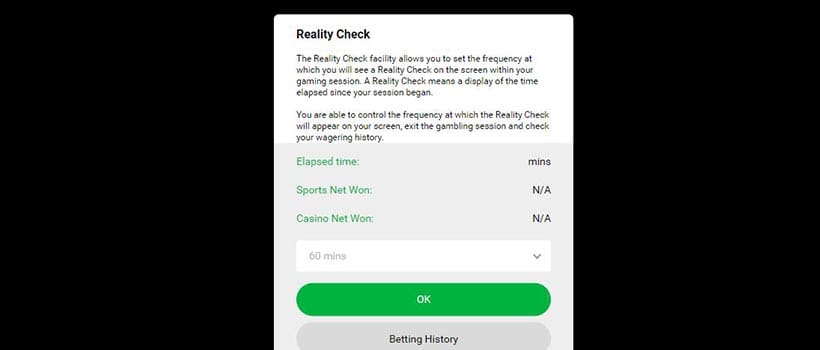 de 'reality check' vertelt hoelang je al aan het spelen bent en hoeveel je hebt gewonnen of verloren