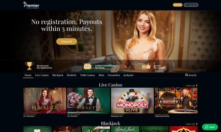 Afbeelding van de website van Premier Live Casino