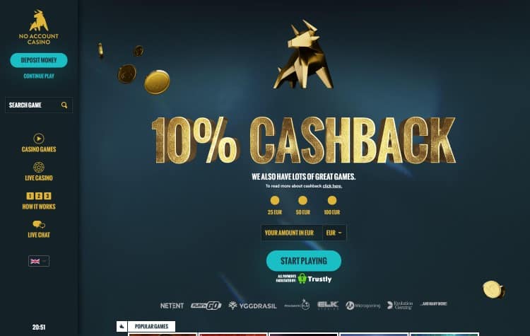 De website van no account casino