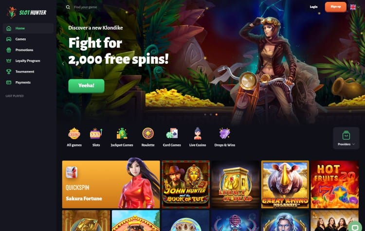 De homepage van Slothunter Casino