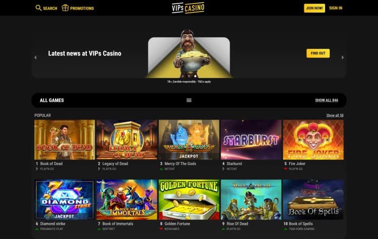 Website van VIPs Casino