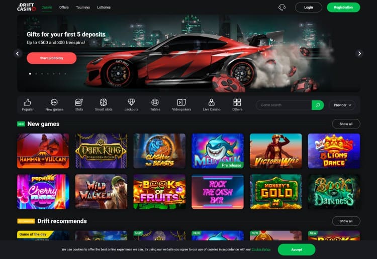 Homepage van Drift Casino